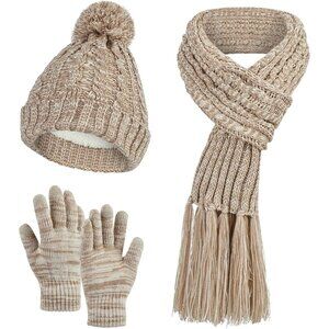 Womens Winter Beanie Hat Scarf Glove Set Knit Thick Warm Pompom Cap 3 in 1